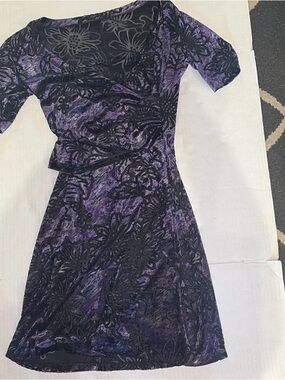 Purple Velvet Floral Wrap-Style Midi Dress